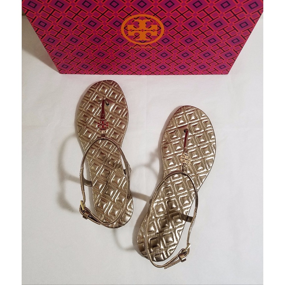 NIB Tory Burch Marion Quilted Leather T-Strap Sandal in Mica Gold Size 9.5 $225